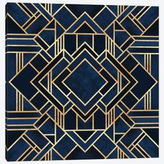 a blue and gold art deco wallpaper with squares, lines, and rectangles