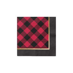 a red and black plaid napkin on a white background