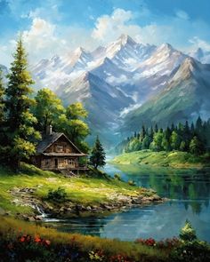 a painting of a cabin in the mountains with a lake and mountain range behind it