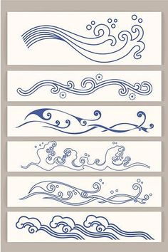 four different types of waves and clouds in blue ink on white paper, each with an individual