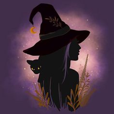 the silhouette of a witch and her cat