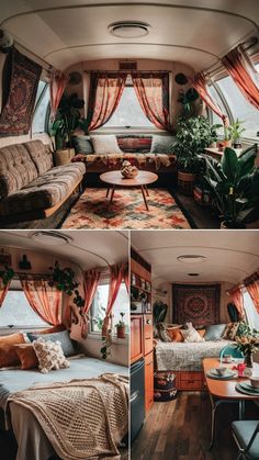 the inside of a camper with lots of windows and curtains on it's sides