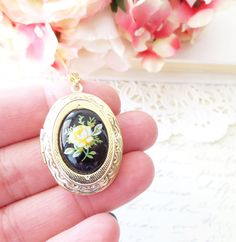 Vintage Rose Locket Necklace  Photo Locket  Gold by NestingPretty Vintage Rose Gold Jewelry For Gifts, Vintage Rose Design Jewelry As A Gift, Black Enamel Oval Necklace For Gift, Oval Black Enamel Jewelry Gift, Black Enamel Oval Necklace As Gift, Elegant Cameo Keepsake Jewelry, Vintage Flower Jewelry Keepsake, Vintage Rose Design Pendant Jewelry, Vintage Rose Design Necklace For Gift