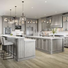 a large kitchen with gray cabinets and an island in the center is surrounded by bar stools