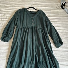 Never Worn Green Cotton Dress For Fall, Casual Dark Green Midi Dress For Spring, Green Cotton Maxi Dress For Fall, Green Long Sleeve Maxi Dress For Day Out, Green V-neck Cotton Midi Dress, Green Flowy Long Sleeve Midi Dress, Green Flowy Cotton Mini Dress, Dark Green Long Sleeve Midi Dress For Spring, Flowy Green Cotton Midi Dress