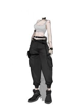 a drawing of a woman in black pants and white top with her hands on her hips