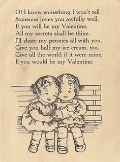 an old fashioned valentine card with two children sitting on a bench, one holding the other