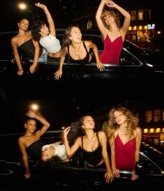 three women in bikinis are sitting in the back of a car and one is dancing