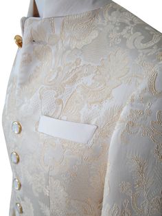 Ivory & Gold Designer Floral Fabric Made In Italy Signature Mandani Collar Single Button Closure Soft, natural shoulder construction Chest Barchetta Pocket Dual Vents Mother of Pearl with Gold Rim Buttons Luxury Jacquard Fabric Made In Italy Includes a Sebastian Cruz Couture Pocket Square of your choice! All of our jackets are made with 4" extra of fabric to ensure you don't have to send it back to us if it's too small or too big. You can tailor your jacket 2 sizes bigger and/or smaller if neede Build A Wardrobe, Extra Fabric, Soft Natural, Jacquard Fabric, Wedding Looks, Floral Fabric, Pocket Square, Unique Weddings, Body Types