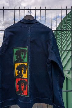 Bob Marley Inspired Reworked Denim Jacket with handmade knitted detail (thread used for details was bought between 1975-2015). XXL size Casual Indigo Patchwork Outerwear, Long Sleeve Denim Jacket With Graphic Print, Long Sleeve Denim Jacket With Patches, Cotton Denim Jacket With Graphic Print, Cotton Patchwork Denim Jacket, Long Sleeve Cotton Patchwork Denim Jacket, Relaxed Fit Long Sleeve Outerwear In Recycled Denim, Medium Wash Long Sleeve Denim Jacket With Graphic Print, Denim Blue Cotton Outerwear With Graphic Print