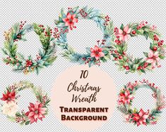 christmas wreaths with flowers and leaves on transparent background