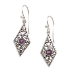 Sterling silver vine motifs swirl within these diamond-shaped earrings. Indonesian artisan Suar Dwipayana handcrafts the dazzling pair of dangle earrings placing a sparkling amethyst at the center of each. Purple Earrings With Intricate Design As Gift, Purple Earrings With Intricate Design For Gift, Diamond-shaped Pierced Jewelry Gift, Diamond-shaped Earrings With Ear Wire For Gifts, Handmade Elegant Diamond-shaped Earrings, Gift Diamond-shaped Earrings With Ear Wire, Gift Sterling Silver Diamond-shaped Earrings, Handmade Elegant Diamond-shaped Jewelry, Diamond Dangle Earrings