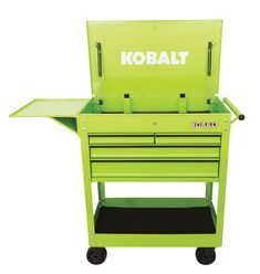 the kobalt tool cabinet is green and has two drawers on each side, one with