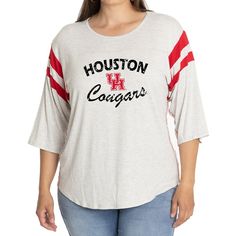 Elevate the style of your game day tee with this Houston Cougars Sabrina Jersey T-shirt. It features the team name and logo accentuated by contrast-color side stitching and sleeve stripes. A rounded hem gives this Houston Cougars shirt a more comfortable fit and feel. Cougars Shirt, Houston Cougars, Team Name, Team Names, The Team, Jersey T Shirt, Game Day, Contrasting Colors, Houston