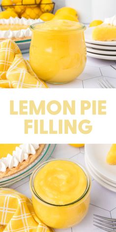 a lemon pie filling in a glass jar on a table with plates and napkins