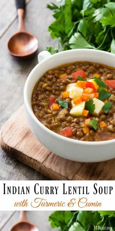 Like comfort food in a bowl, this Indian Curry Lentil Soup Recipe is flavorful, easy to make and healthy! High in protein and fiber, this lentil soup recipe makes a wonderful main dish meal or hearty side dishes. Serve with a thick slice of warm from the oven bread, pita or naan.