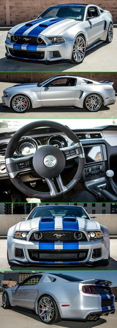 three different views of the front and side of a silver sports car with blue stripes