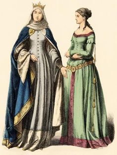 two women dressed in medieval clothing, one wearing a tiara and the other wearing a gown