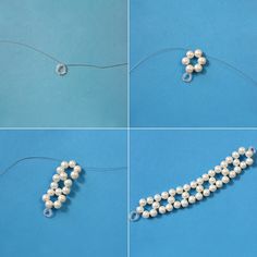 four pictures of beads being made into a necklace with the letter e on it's side