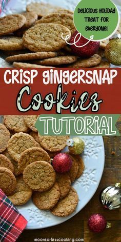 some cookies are on a plate with christmas decorations around them and the words crisp fingersnap cookies