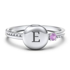 Sterling Silver Engravable Disc Ring with Gemstone and Beaded Band and Amethyst Stone | Jewlr Adjustable Initial Ring With Polished Finish For Promise, Adjustable Stackable Rings With Initials, Adjustable Gemstone Signet Ring, Initials Engraved White Gold Ring, Sterling Silver Initial Promise Ring, Sterling Silver Initial Ring With Round Cut, Adjustable Engraved Initial Ring, Stackable Initial Ring, Adjustable Promise Signet Ring