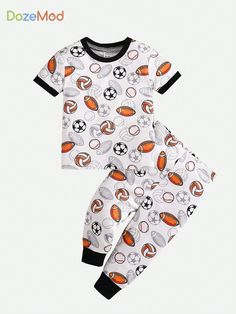 Baby Boy Snug Fit Football & Rugby Pattern Color Block Neckline & Cuffs Short Sleeve Top And Long Pants Knit Moisture-Wicking Breathable Homewear Pajama Set, 2pcs Blue and White   Short Sleeve Knitted Fabric Cartoon,Galaxy,All Over Print Baby Pajama Set High Stretch  Baby Boys Clothing, size features are:Bust: ,Length: ,Sleeve Length: Baby Boy Pajamas, Baby Pajamas, Cuffed Shorts, Baby Boys, Long Pants, Baby Prints, Rugby, Snug Fit, Baby Boy Outfits