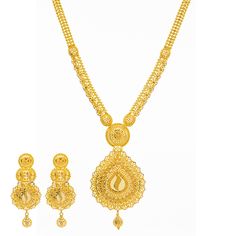 Our 22K Yellow Gold Long Filigree Necklace Set has an intricate design and style that can compliment multiple looks. The detailed filigree work and beading along the 22k Indian gold necklace and earrings add a luxurious look and feel. Features• 22k yellow gold• Filigree• Beading Virani Jewelers bridal jewelry made from 22k gold brings together the beauty and significance of Indian culture and traditions. Find more beautiful 22k gold Indian bridal jewelry like this beaded gold jewelry set on our Luxury Heavy Yellow Gold Jewelry Sets, Luxury Yellow Gold Bridal Necklace For Reception, Luxury Yellow Gold Filigree Bridal Necklace, Cheap Hallmarked Yellow Gold Jewelry, Luxury 22k Gold Necklace With Intricate Design, Luxury Gold Plated Jewelry For Puja, Luxury 22k Gold Bollywood Necklace, Luxury Yellow Gold Jewelry Sets For Diwali, Luxury Long Gold Sets