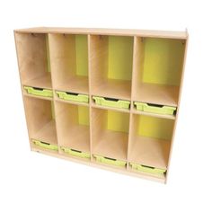 a wooden shelf with green bins and yellow dividers