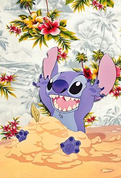 an image of stitch from the movie stitch with flowers and plants in the back ground