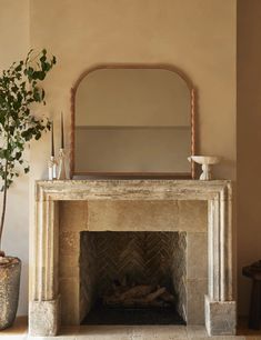 a living room with a fireplace, mirror and potted plant