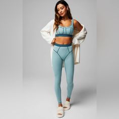 With Our Branded Elastic At Waistband, This High-Waisted Legging With Coverstitch Detailing Is Chafe-Resistant And Incredibly Comfy. 68% Polyester/28% Rayon/4% Elastane Sporty Seamless Activewear For Lounging, Sporty Fitted Yoga Pants For Loungewear, Sporty Seamless Bottoms For Loungewear, Athleisure Sports Bra With Medium Support For Loungewear, Blue Snug Fit Sporty Activewear, Seamless Sportswear Activewear For Loungewear, Sporty Snug Fit Blue Activewear, Athleisure Bottoms For Loungewear With Seamless Construction, Seamless Athleisure Bottoms For Loungewear