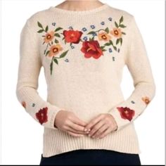 Cliche’ Cream Floral Embroidered Crewneck Sweater Acrylic Nylon Wool Spandex Blend New With Tag. Cream Crew Neck Sweater With Floral Embroidery, Cream Floral Embroidered Crew Neck Sweater, Fitted Embroidered Crew Neck Sweater, Fitted Crew Neck Sweater With Floral Embroidery, Embroidered Fitted Casual Sweater, Cream Embroidered Fitted Sweater, Fitted Cream Embroidered Sweater, Fitted Embroidered Casual Sweater, Fitted Casual Embroidered Sweater