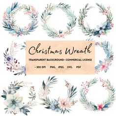 christmas wreaths with flowers and leaves in watercolor on a white background for the holiday season