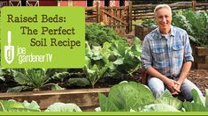 a man sitting in the middle of a garden filled with lots of plants and vegetables