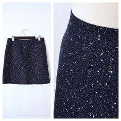 "Vintage women's skirt from 2000s. Navy blue tweed with sparkly sequins throughout. Half zip back with hook closure. Underskirt lining. Hand pockets. Mini length.  Great vintage condition LABEL Loft Petites (Ann Taylor) Tag size: 0P (zero petite) Shell: 60% Acrylic 36% Polyester 4 % Other Lining: 100% Polyester  Fits true to tag size -- Check measurements for best fit  MEASUREMENTS Waist: 13\" Hips: 17.5\" Length: 17\"  ✂ ---Items are measured laying flat seam to seam and should be doubled for bust, waist, and hips Dress form measurements: 34\"-24\"-36\" ADDITIONAL NOTES *all sales are final *vintage tag sizes may vary greatly from current sizes *vintage items are previously owned & may show signs of wear *international orders are responsible for additional customs fees imposed by your cou Sequin Pencil Skirt, Etiquette Vintage, Flat Seam, Blue Tweed, Tweed Skirt, Hip Dress, Dress Form, Ann Taylor Loft, Vintage Tags