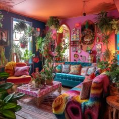 a living room filled with lots of colorful furniture and potted plants on the walls