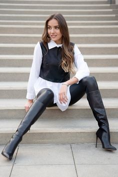 The 2 in 1 top take it from the office straight to happy hour. Long sleeve button down with leather vest. Made in Italy. Shop women's tops for all occasions. Knee Boots Outfit, Hot Boots, High Leather Boots, Beautiful Boots, Leather Outfit, Girls Boots, Ladies Dress Design, Boots Outfit, Thigh High Boots