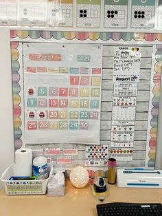 a desk with a keyboard and calendars on the wall above it, along with other office supplies