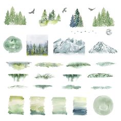 watercolor painting with trees and mountains in the background