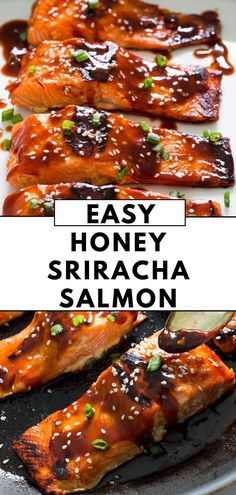 easy honey sriraca salmon recipe on a plate