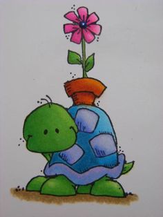 a drawing of a turtle holding a flower