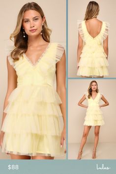 Everyone will be asking where you shop when you stroll into the party wearing the Lulus Striking Sensation Yellow Tulle Tiered Ruffled Mini Dress! Airy tulle overlays this iconic dress that has a sleeveless bodice with princess seams and a deep V-neckline (with a matching V-back). Skirt has a flirty tiered design with double layers of tulle, finishing at a mini hem. Hidden zipper/clasp at back. Fit: This garment fits true to size. Length: Mid-thigh. Size medium Bust: Great for any cup size. Wais Elegant Fitted Tulle Ruffle Dress, Tulle Ruffle Dress With Ruffled Skirt, Elegant Spring Tulle Ruffle Dress, Spring Mini Length Ruffle Dress For Prom, Spring Ruffle Tulle Dress With Ruffles, Chic Ruffled Mesh Dress For Cocktail, Sleeveless Mesh Dress With Ruffles For Wedding, Chic Summer Mesh Dress With Ruffles, Tulle Ruffle Dress With Ruffled Skirt For Party