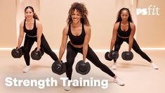 three women with dumbbells in their hands and the words strength training written below them