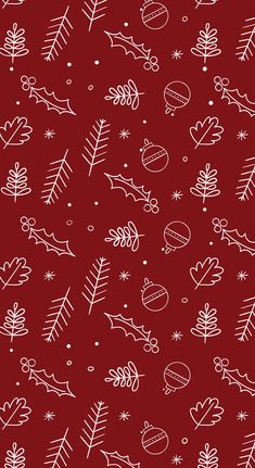 a red background with pink and white doodles on it, including christmas tree branches