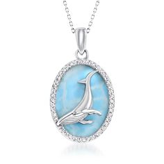 Ross-Simons - Larimar, .20ct t. w. Cubic Zirconia Whale Pendant Necklace in Silver. 18". Embrace the sea-inspired charm of this whale pendant necklace, featuring a 20x15mm oval Larimar cabochon with a sterling silver whale framed by .20 ct. t. w. round brilliant-cut CZs for a shimmery finishing touch. A powerful animal across cultures, the whale is said to symbolize magnificence, gratitude and compassion. Suspended from a cable chain. Springring clasp, CZ and Larimar whale pendant necklace. CZ w Whale Pendant, Sea Inspired, The Whale, Pretty Jewelry, Moon Jewelry, Pretty Jewellery, Cable Chain, Round Brilliant, Dolphins