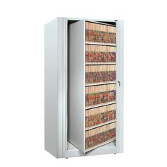 a metal cabinet with many books on the doors and drawers in different colors, sizes and shapes