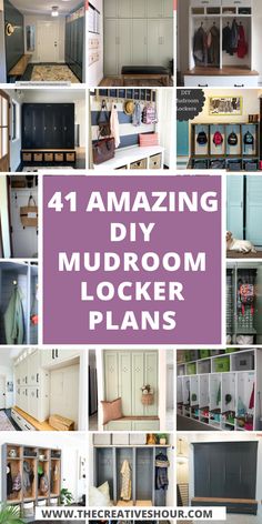 the words, amazing diy mudroom locker plans are shown in purple and white