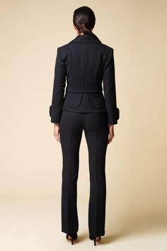 "Cut for a flattering slim-fit, this double breasted black blazer is crafted from a lightweight, luxurious viscose fabric. Complete with a cloverleaf lapel and finished with two-button cuffs - this blazer comes with the option of matching fitted pencil tuxedo pants, to form a womens suit. Jacket: - fitted silhouette - peplum style - cloverleaf lapel - double breasted closure - fabric buttons - matching fabric belt with buckle - fully lined Pants: - high rise - straight style - hook&loop + zi Fitted Double-breasted Suits For Work, Fitted Tuxedo Style Structured Pantsuit, Fitted Tuxedo-style Structured Pantsuit, Structured Tuxedo Style Fitted Pantsuit, Fitted Double-breasted Pantsuit For Business, Fitted Office Pantsuit With Structured Boning, Fitted Pantsuit With Double Button Closure And Suit Collar, Fitted Structured Double-breasted Suits, Fall Fitted Pantsuit With Structured Boning