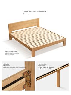 the bed frame is made from wood and has slats on each side, as well as an attached headboard