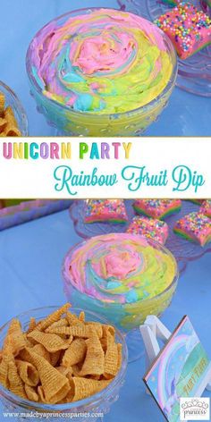 unicorn party rainbow fruit dip is an easy and fun dessert for kids to make at home